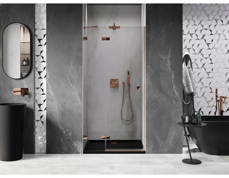 Mexen Lunar, ľavé otočné sprchové dvere 110 cm, 8mm číre sklo, ružové zlato profil, 834-110-000-60-00-L