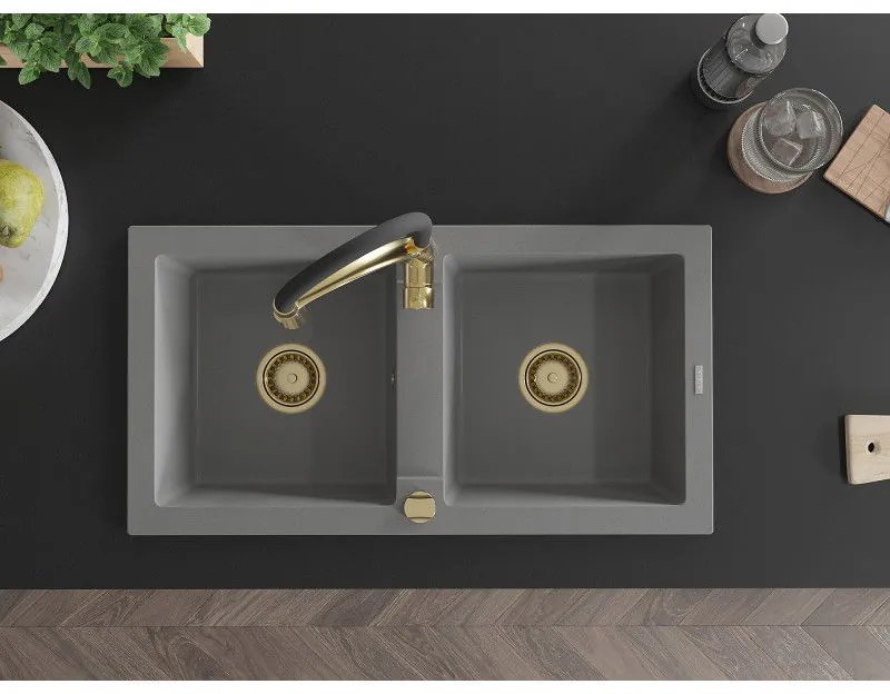 Mexen Mario, granitový drez 820x436x161 mm, 2-komorový a drezová batéria Aster, šedá, 6504-71-73450-57-G
