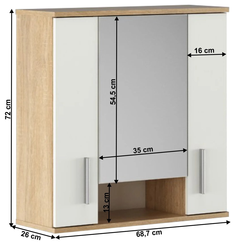 Závesná kúpelňová skrinka so zrkadlom Leah 01 (dub sonoma + biela matná). Vlastná spoľahlivá doprava až k Vám domov. 1065343