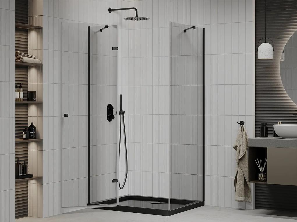 Mexen Roma, sprchovací kút s 1-krídlovými dverami 120 (dvere) x 90 (stena) cm, 6mm číre sklo, čierny profil, slim sprchová vanička 5cm čierna s čiernym sifónom, 854-120-090-70-00-4070B