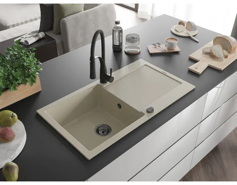 Mexen Leo, granitový drez 900x500x190 mm, 1-komorový a drezová batéria Aster, béžová, 6501-69-73450-70-B