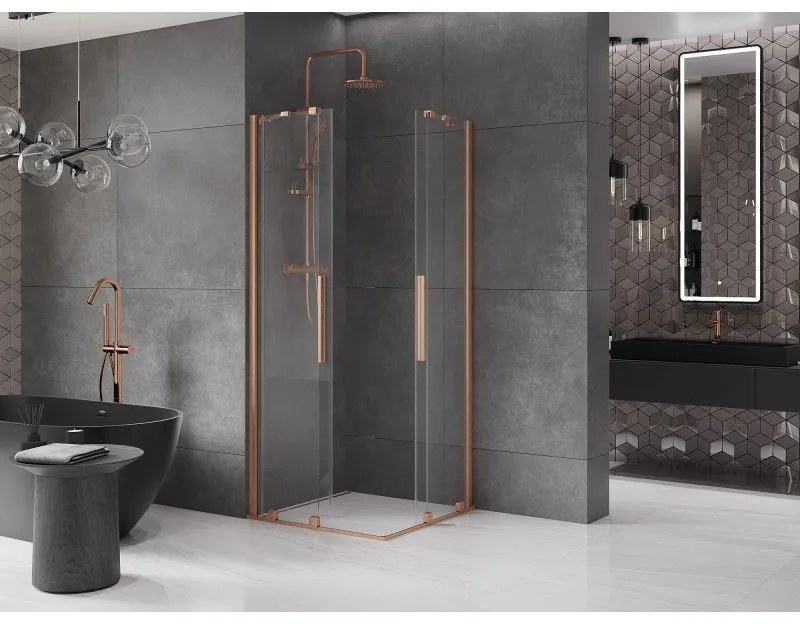Mexen Velar Duo, sprchový kút s posuvnými dverami 90(dvere) x 90(dvere) cm, 8mm číre sklo, medená matná profil, 871-090-090-02-65