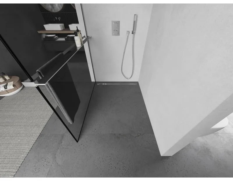 Mexen Kioto+ L, sprchová zástena Walk-In s poličkou a vešiakom 80 x 200 cm, 8mm číre sklo čierny vzor, chrómový profil, 800-080-123-01-70