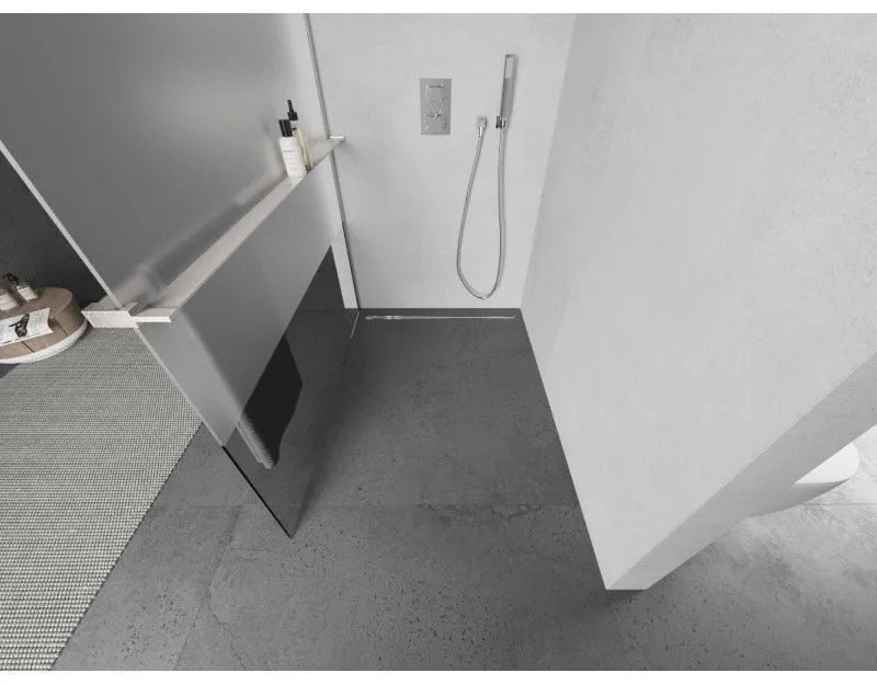 Mexen Kioto+ L, sprchová zástena Walk-In s poličkou a vešiakom 120 x 200 cm, 8mm číre sklo-námraza, brúsená oceľ profil, 800-120-123-97-35