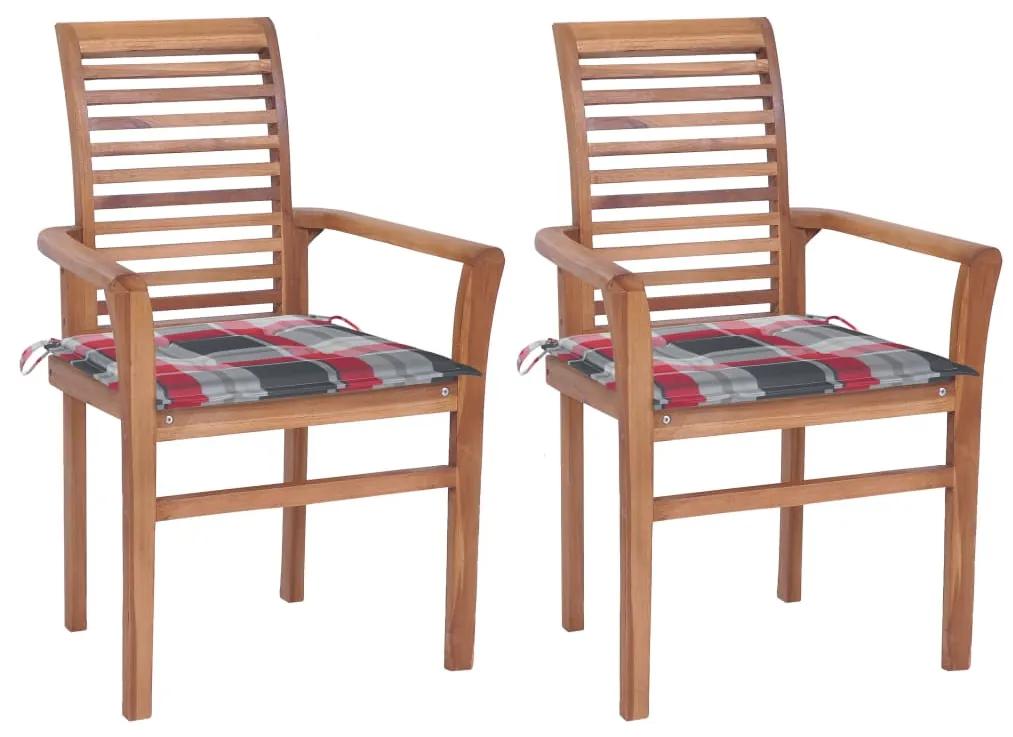 Jedálenské stoličky 2ks červené kockované podložky tíkový masív 3062608