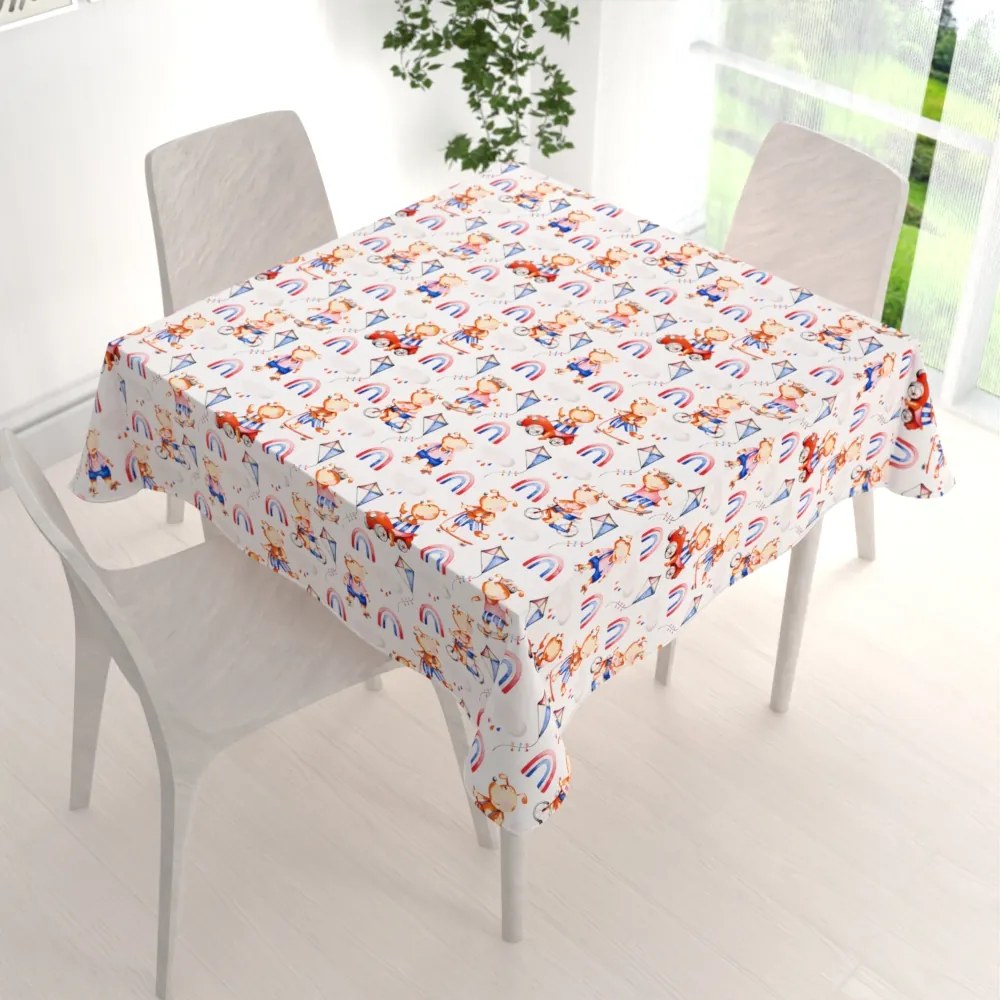Biante Detský bavlnený štvorcový obrus Sandra SA-521 Modro-červení psíkovia s autami na bielom 110x110 cm
