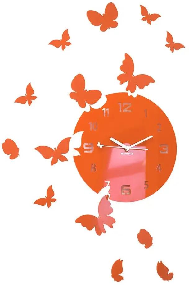 Nástenné akrylové hodiny Motýle - oranž