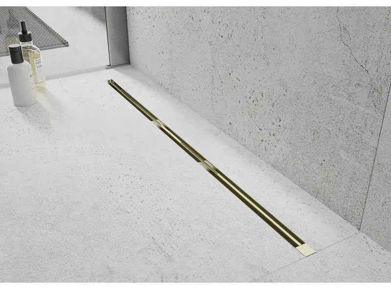 Mexen Flat Super Slim, super tenký odtokový žľab s 360° rotačným sifónom 140 cm, zlatá lesklá, 1551140