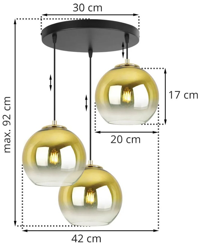 Závesné svietidlo Bergen Gold, 3x zlaté/transparentné sklenené tienidlo (fi 20cm), o