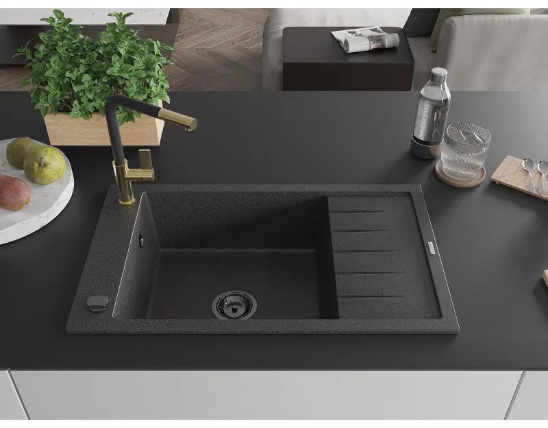 Mexen Elias, 1-komorový granitový drez 795x480x200 mm a drezová batéria Flora, čierna škvrnitá, 6511-76-670401-57-B