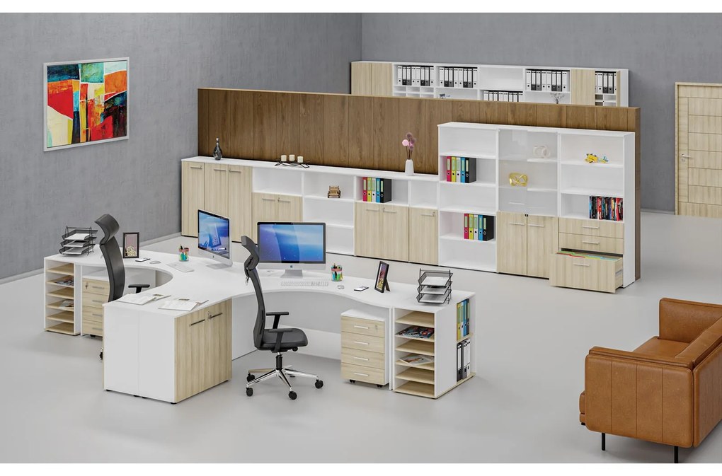 Kombinovaná kancelárska skriňa PRIMO WHITE, dvere na 3 poschodia, 1434 x 800 x 420 mm, biela/dub prírodná