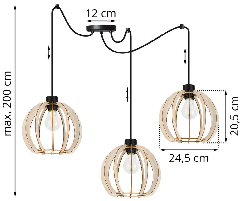Závesné svietidlo TIMBER SPIDER 9, 3x drevené tienidlo