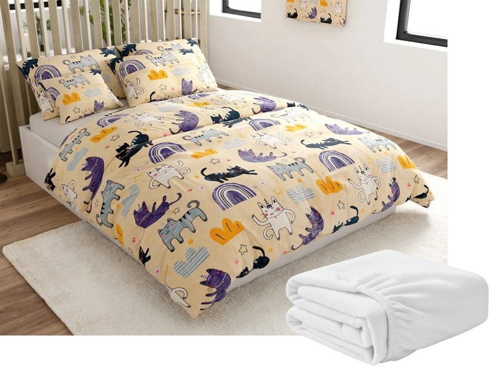 Sada 2ks mikroplyšových obliečok PURRSLEEP béžové + plachta mikroplyš SOFT 180x200 cm biela, dvojlôžko