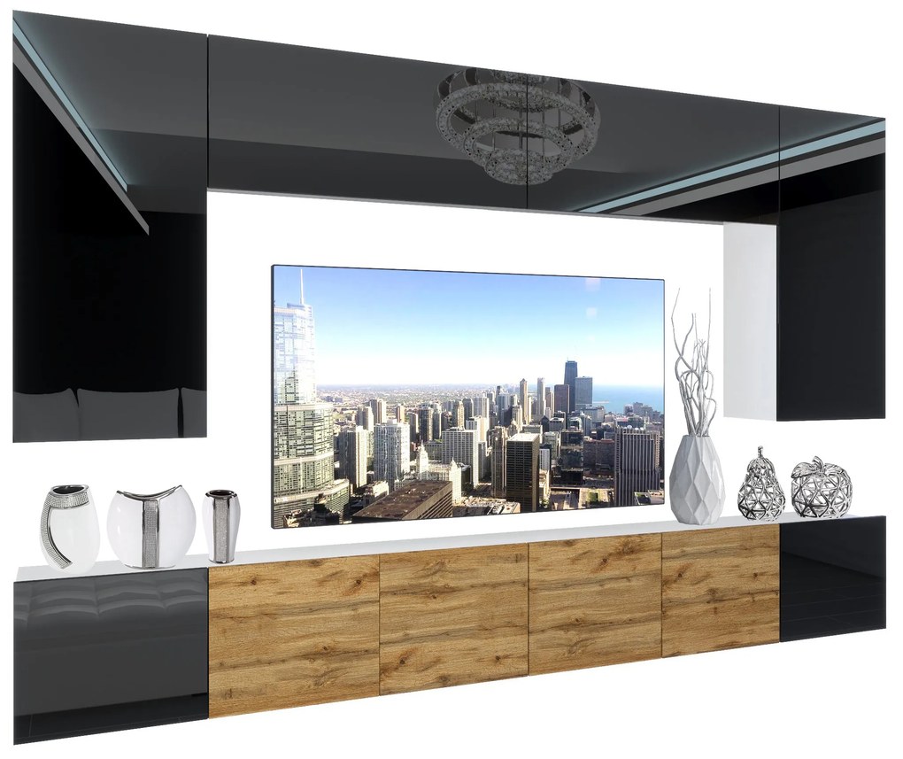 Obývacia stena Belini Premium Full Version čierny lesk / dub wotan + LED osvetlenie Nexum 32