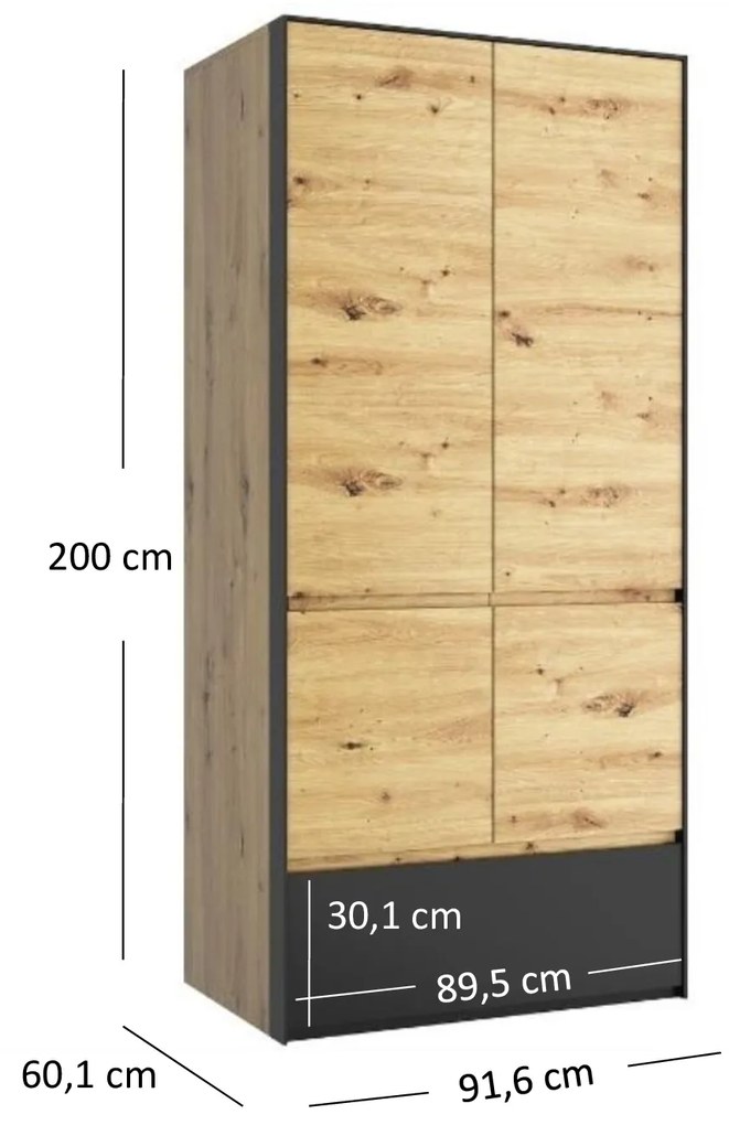 Šatníková skriňa Bobbie (dub artisan + čierna). Vlastná spoľahlivá doprava až k Vám domov. 1052775