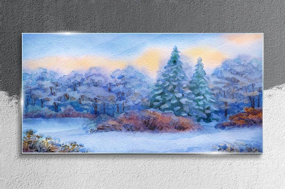 Skleneny obraz Akvarel snow strom les