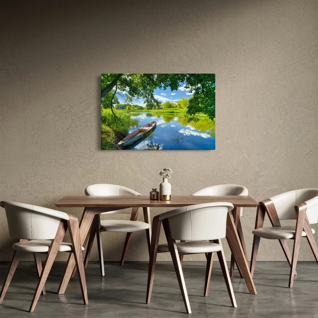 Obraz letné rieky s loďkou (90x60 cm)