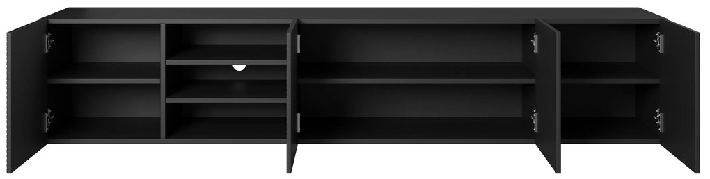 Závesný TV stolík Asha 200 cm s 3 otvorenými policami - čierny mat
