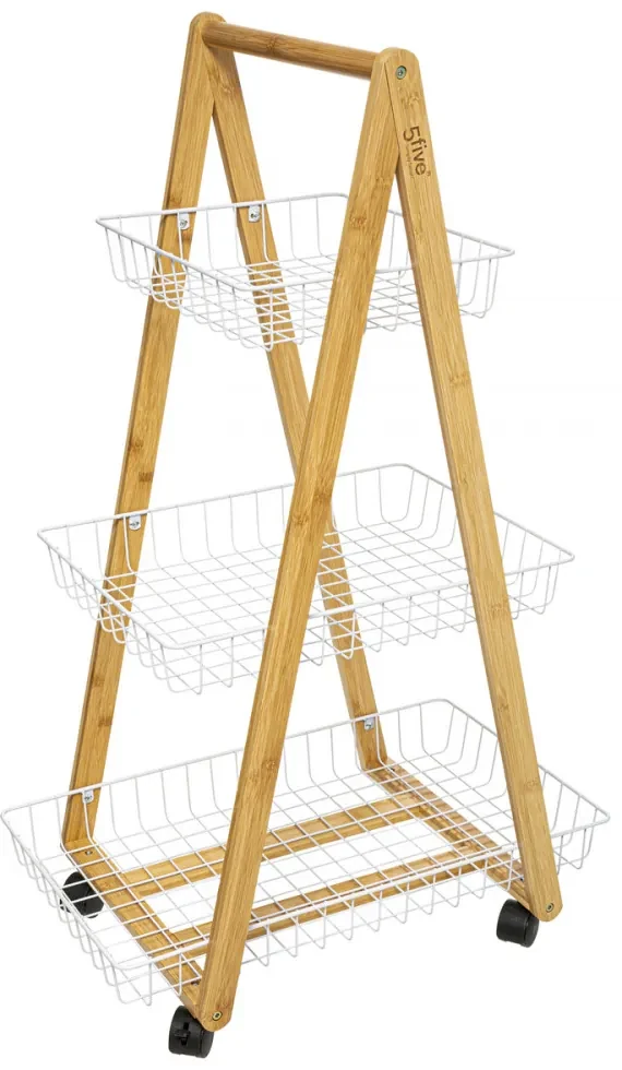 Pojazdný regál z bambusu 5Five 682A, biely