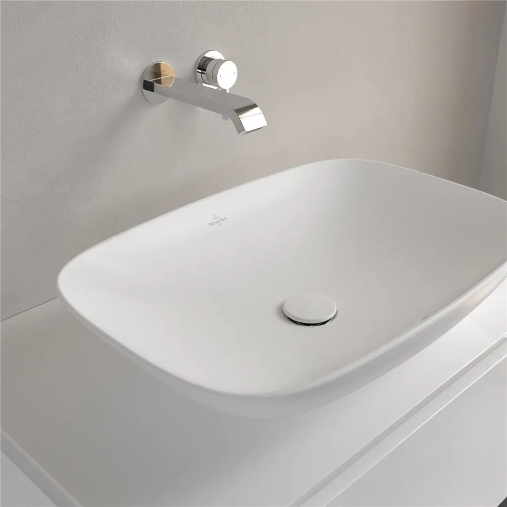 VILLEROY &amp; BOCH Loop &amp; Friends obdĺžnikové umývadlo na dosku bez otvoru, s prepadom, 620 x 420 mm, Stone White, s povrchom CeramicPlus, 4A5000RW