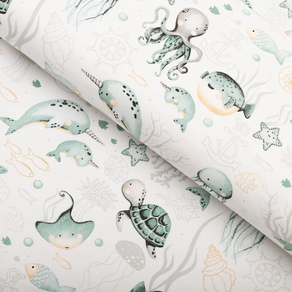 Biante Detský bavlnený behúň na stôl Sandra SA-688 Morský svet zelený na bielom 45x160 cm