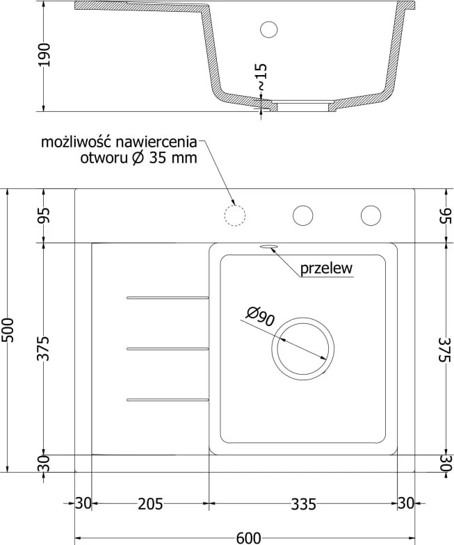 Mexen Ben jednodrezový žulový drez s odkvapkávacou plochou, pravý 600 x 500 mm, béžový, zlatý sifón - 6523605000-69-G