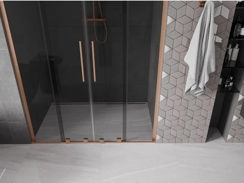 Mexen Velar L Duo, posuvné sprchové dvere do otvoru 150 cm, 8mm šedé sklo, medená matná, 871-150-003-42-65