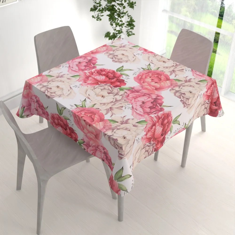 Biante Bavlnený štvorcový obrus Sandra SA-746 Veľké ružovo-béžové pivonky na bielom 150x150 cm