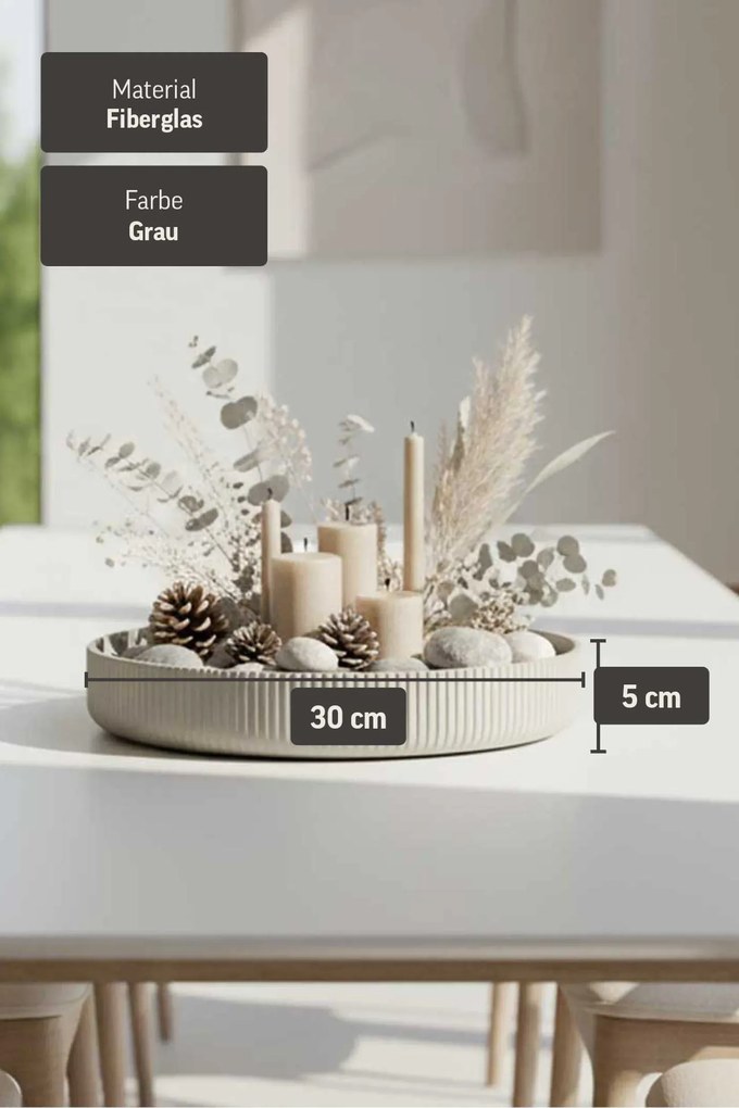 Dekoračná miska ORYVEN, sklolaminát s drážkami, priemer 30 cm, sivá