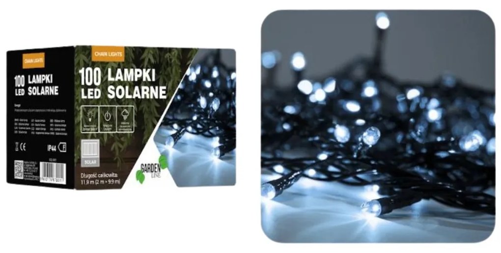 Svetelná reťaz solárna 9,9m 100LED Studená biela