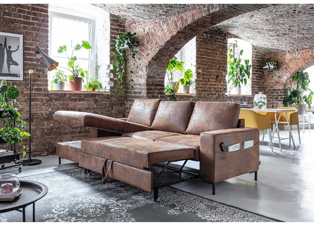Hnedá rozkladacia rohová pohovka z imitácie kože Miuform Lofty Lilly Vintage, ľavý roh