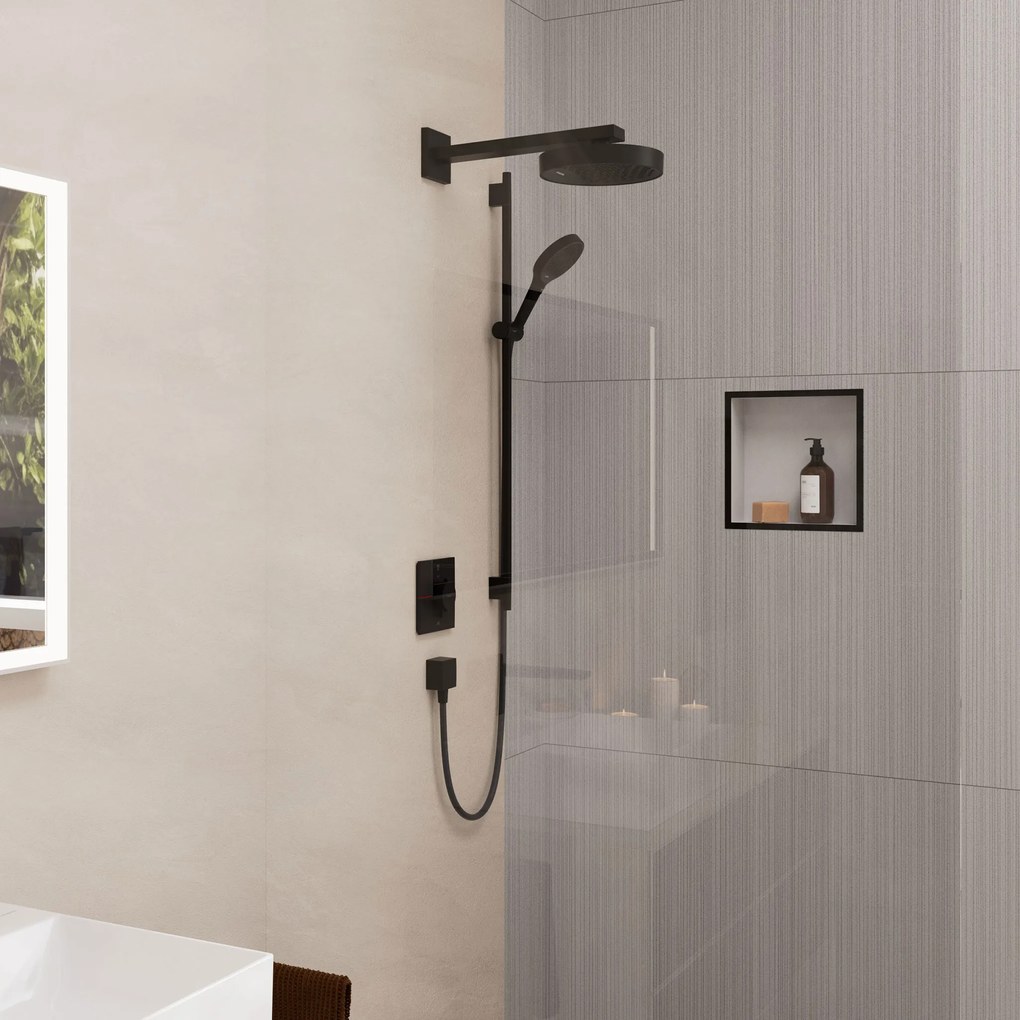 Hansgrohe Rainfinity, sprchová sada 130 3jet EcoSmart s tyčou S Puro 90 cm, čierna matná, HAN-28744670