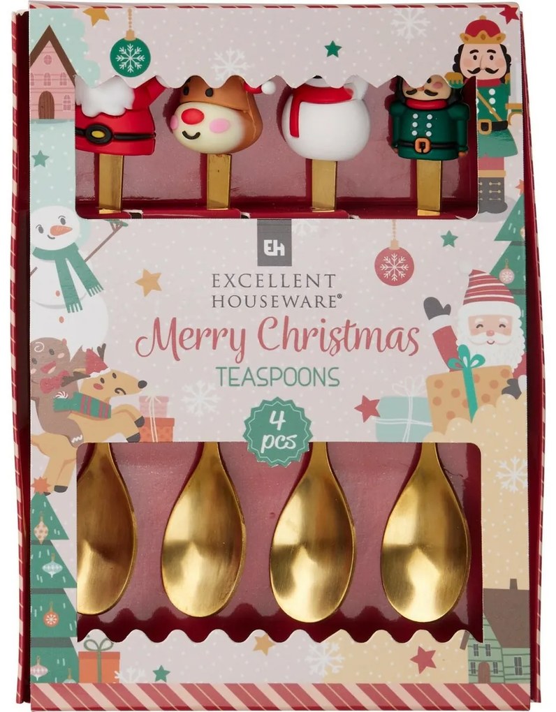 Súprava 4 zlatých lyžičiek s vianočnou ozdobou
