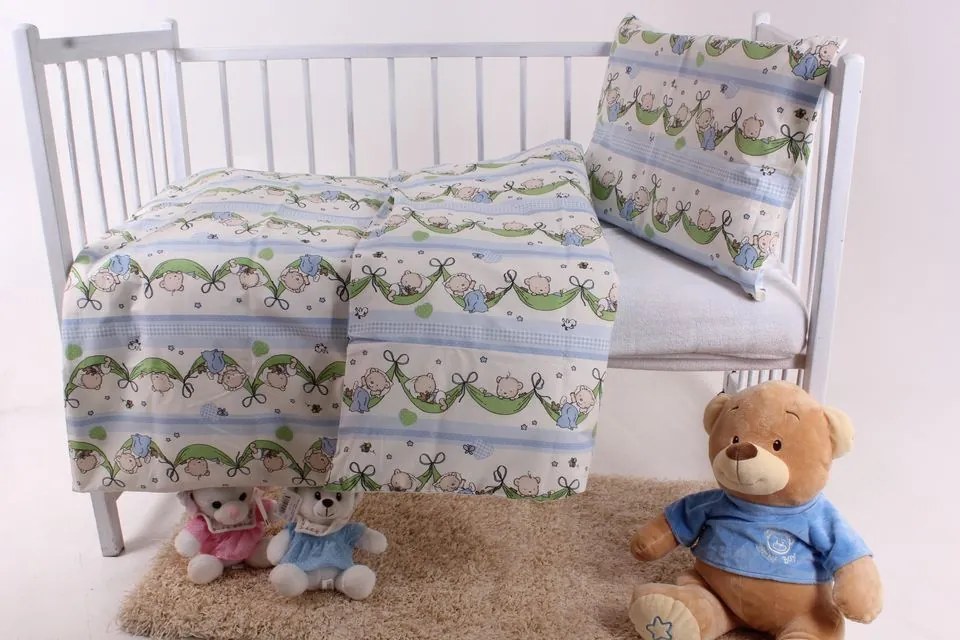 Detská posteľná súprava "MACÍKY" - modro-biela (130x90 cm, 45x65 cm)