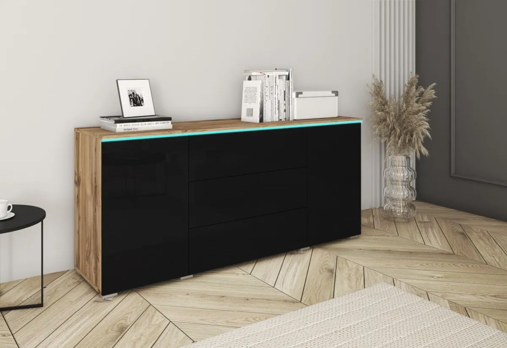 Komoda VERA 150, 150x68x39,5, dub wotan/čierna lesk + LED