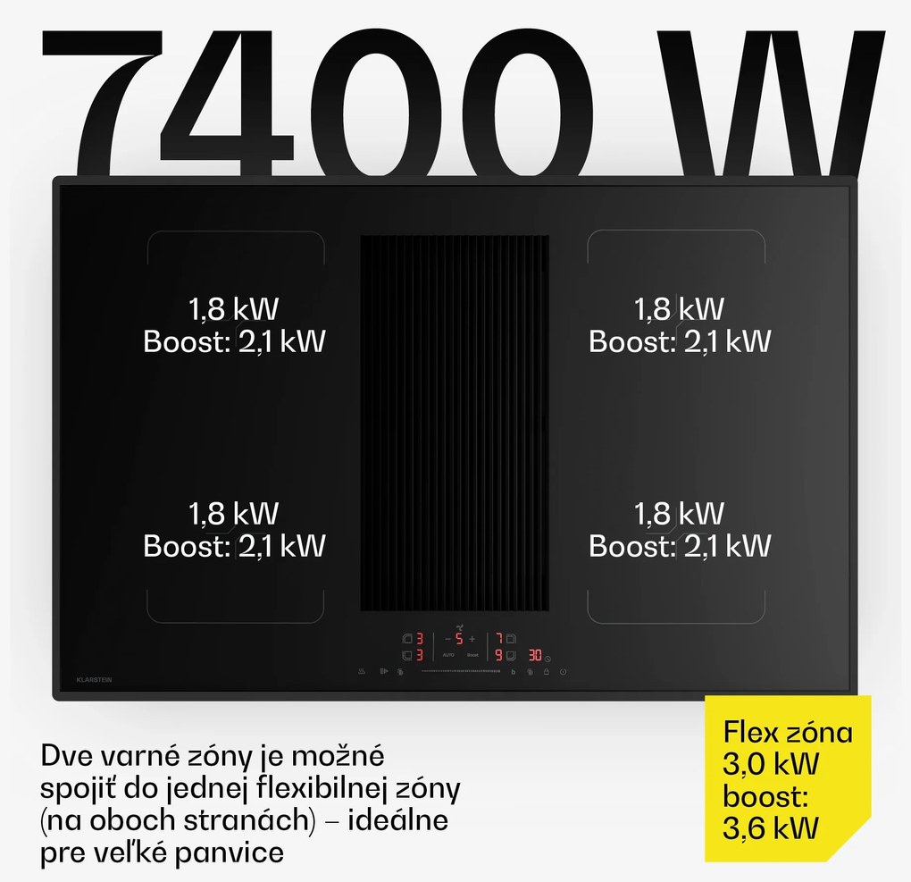Klarstein Velaire flexi-indukčná varná doska s integrovaným digestorom Elegantná, minimalistická, výkonná 8400 W 80 cm