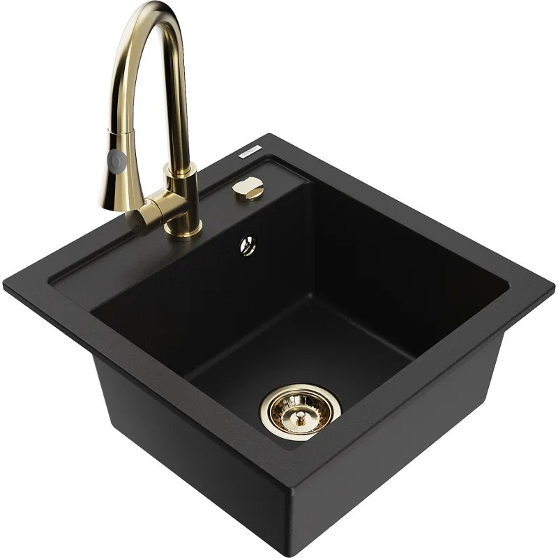 Mexen Vito, 1-komorový granitový drez 490x520x210 mm a drezová batéria Elia, čierna, 6503-77-670101-50
