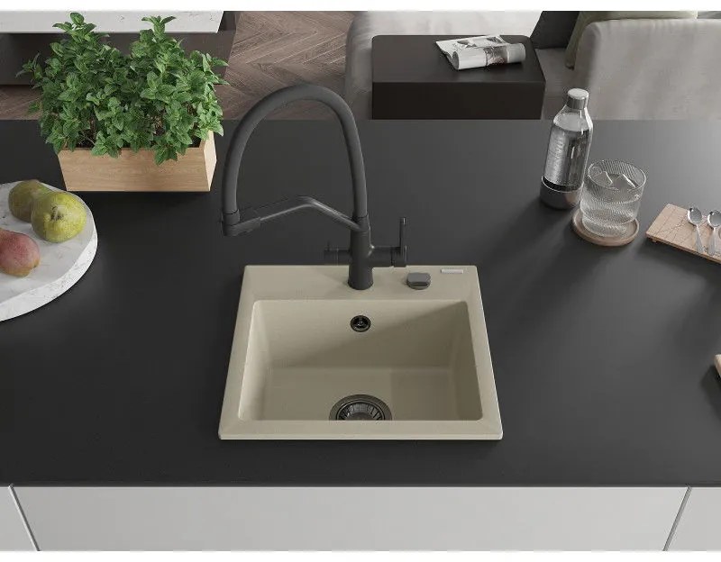 Mexen Milo, granitový drez 435x410x171 mm, 1-komorový a drezová batéria Duo, béžová, 6505-69-671701-70-B