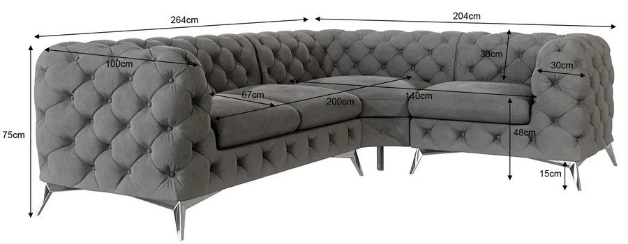 Sivá zamatová rohová pohovka (pravý roh/do L) Chelsea – Ropez