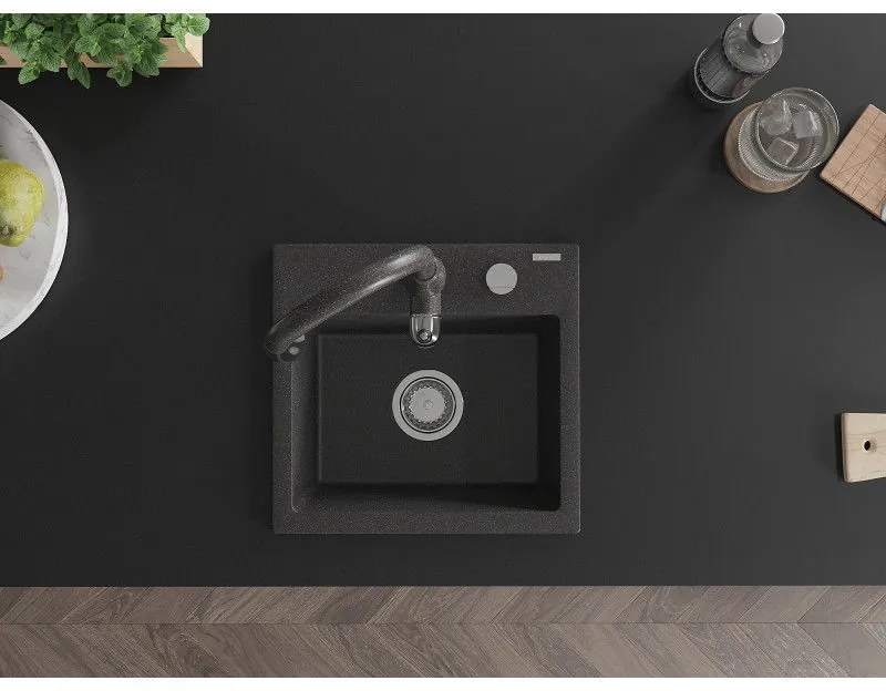 Mexen Milo, 1-komorový granitový drez 435x410x171 mm a drezová batéria Savita, čierna škvrtnitá, 6505-76-672601-76