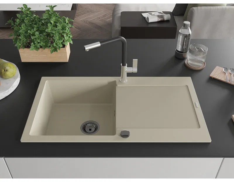 Mexen Leo, 1-komorový granitový drez 900x500x190 mm a drezová batéria Flora, béžová, 6501-69-670401-07-B