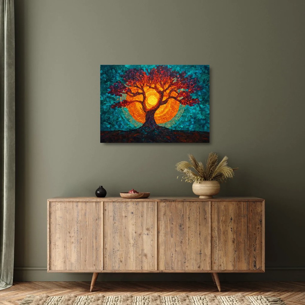 Sklenený obraz - Strom života a slnko v mozaike (70x50 cm)