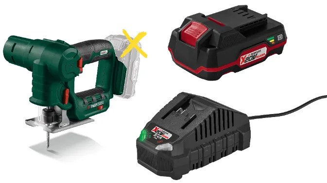 Parkside® Aku priamočiara a chvostová píla Psssa 20-Li B2 + Akumulátor 20 V/2 Ah PAP 20 B1 + Nabíjačka 20 V/2,4 A PLG 20 C1 (800010887)