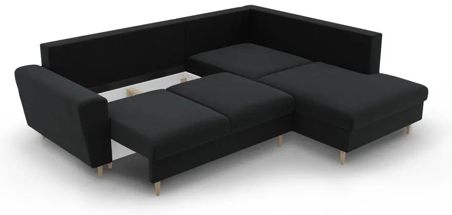 Čierna zamatová rozkladacia/s úložným priestorom rohová pohovka (pravý roh/do L) Kyoto – Cosmopolitan Design