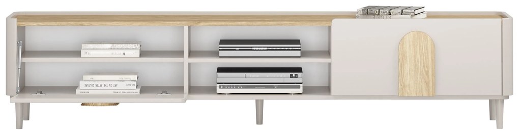 TV stolík Amilio 220 cm so zásuvkou - kašmír / olejovaný dub / úchytky svetlý dub