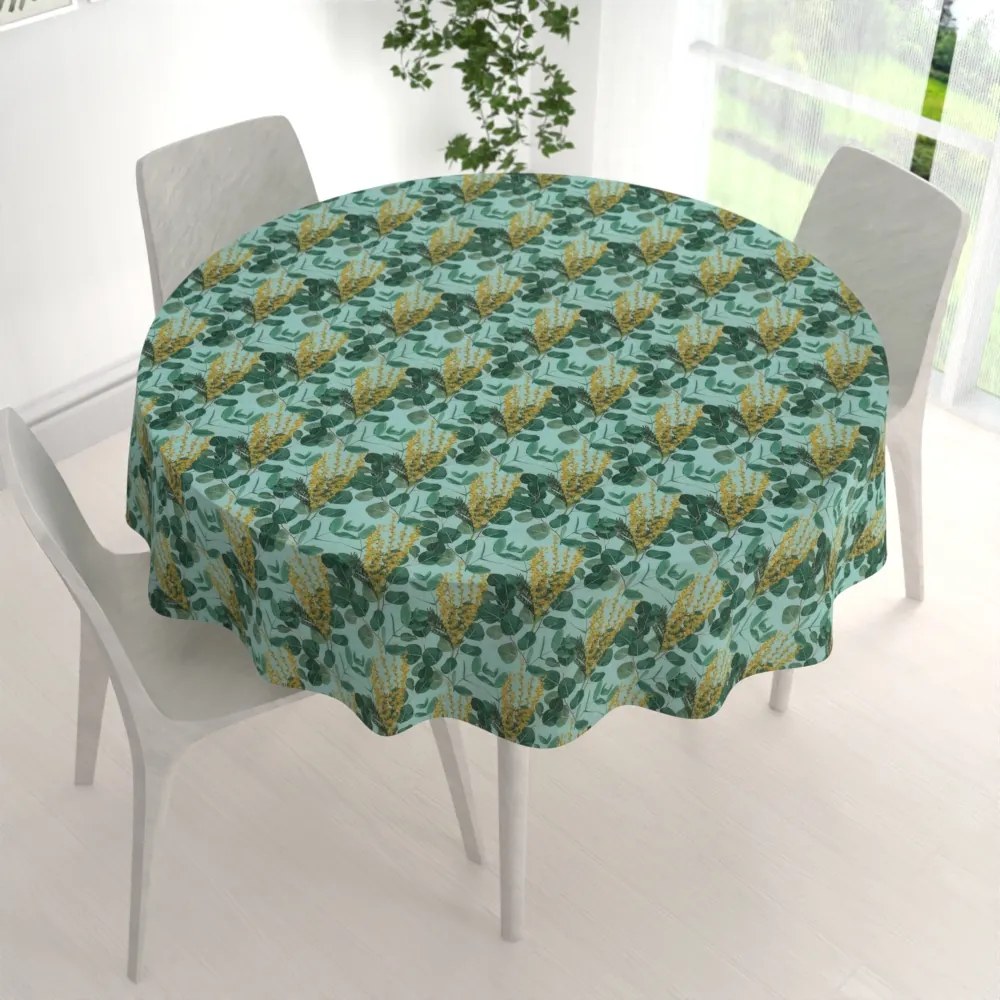 Biante Dekoračný okrúhly obrus PML-088 Eukalypty na mätovom Ø 70 cm