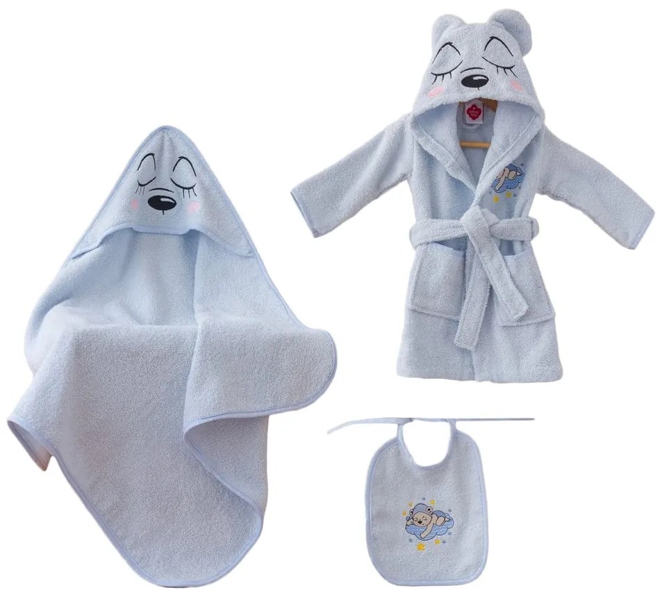 Modrý bavlnený detský župan a osuška v súprave 3 ks veľkosť 0-2 roky Bear – Foutastic