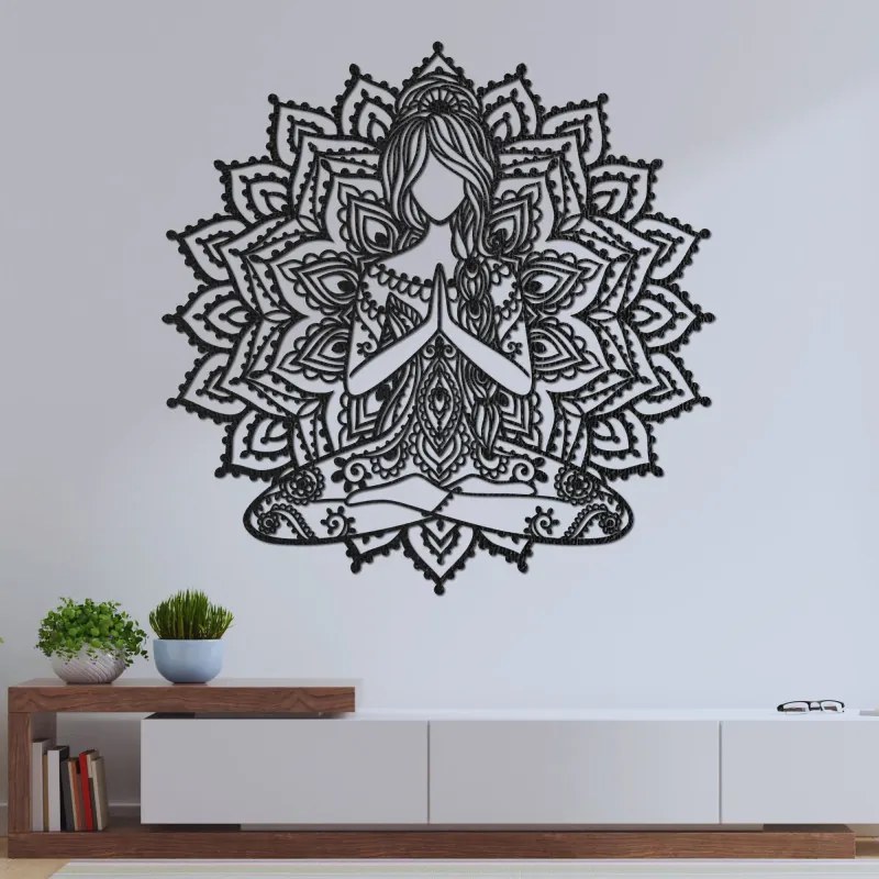 Drevená mandala joga žena – moderný 3D obraz na stenu do obývačk | SENTOP HDF0511