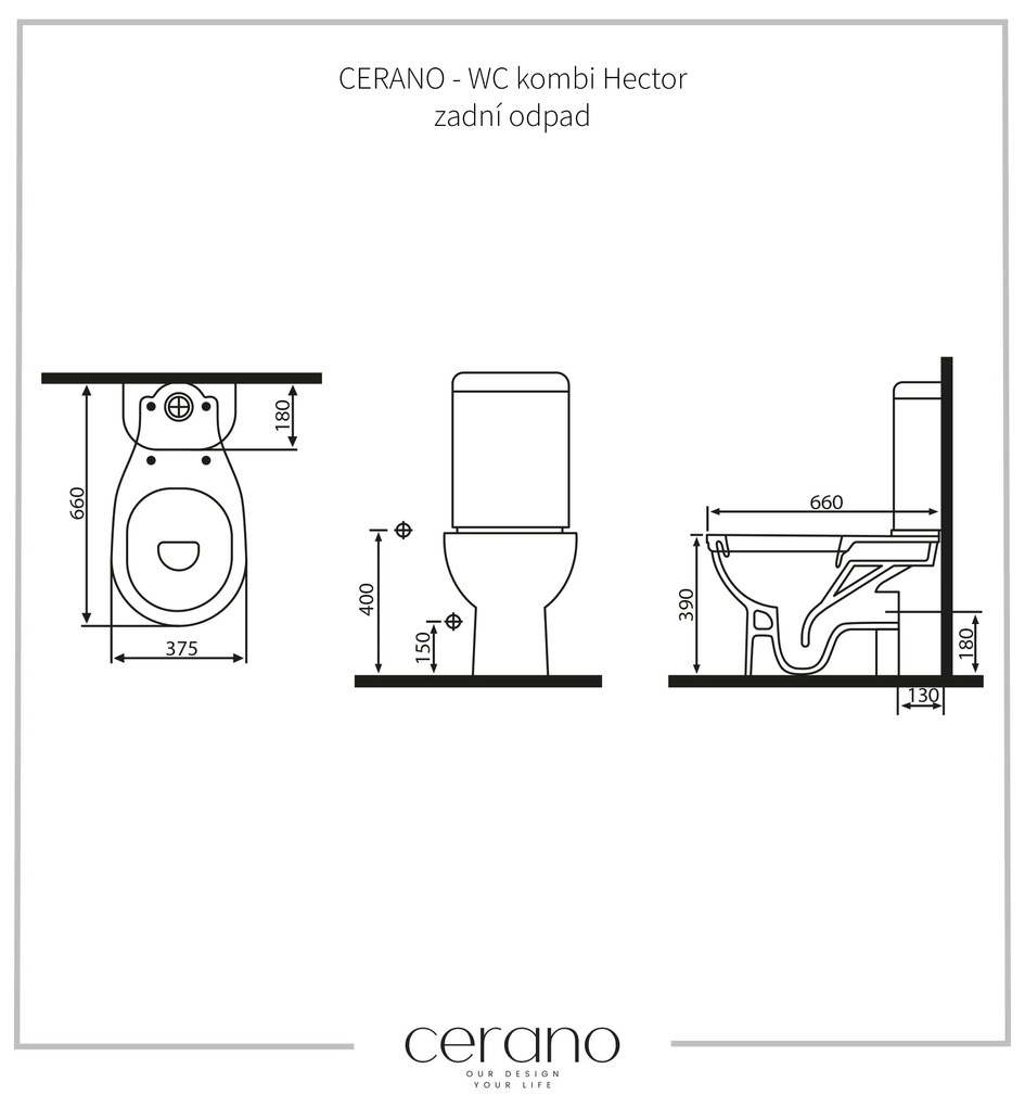 Cerano Hector, WC kombi Rimless 66x37,5 cm, spodný odpad, biela lesklá, CER-CER-403416