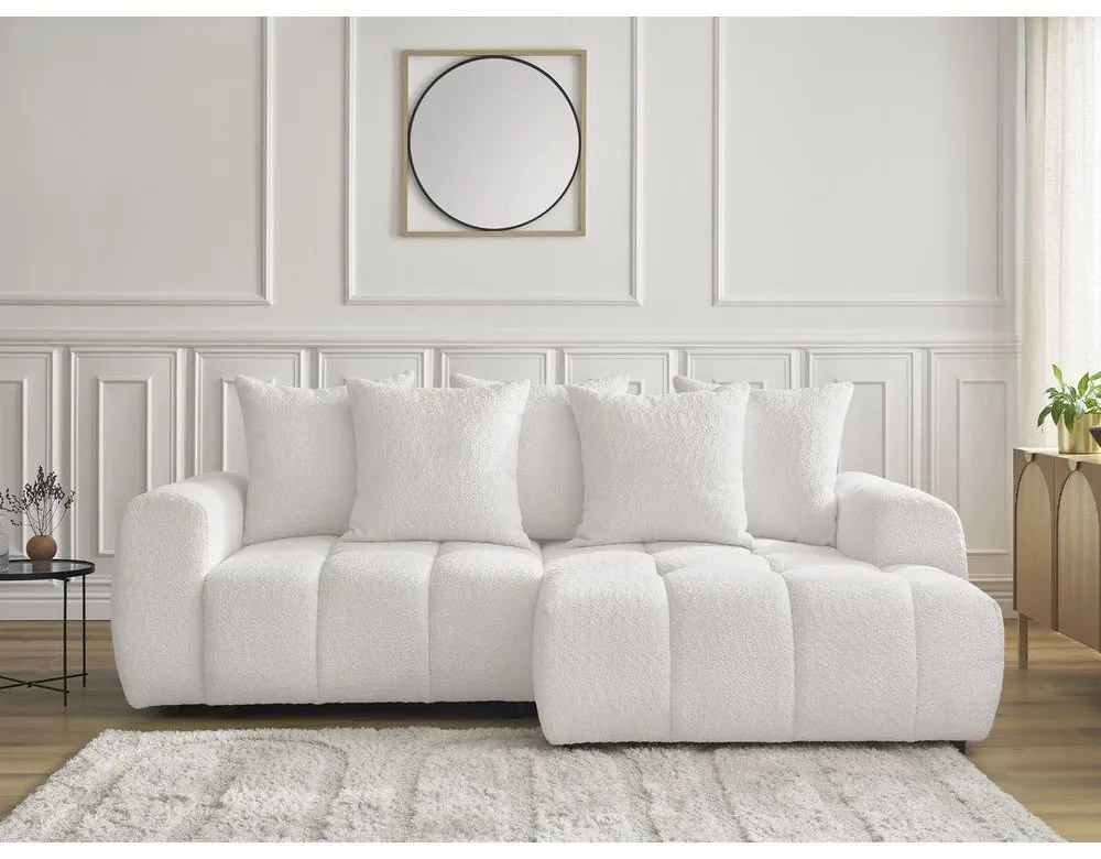 Biela rozkladacia/s úložným priestorom rohová pohovka z textílie buklé (pravý roh/s leňoškou) Roxelane – Bobochic Paris